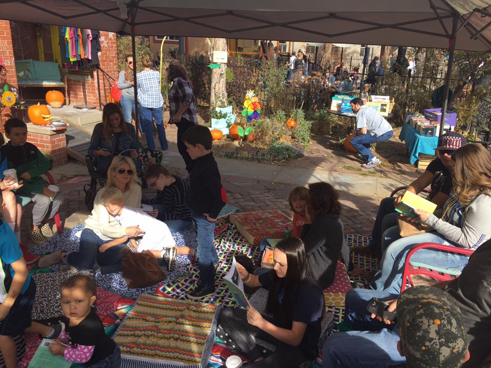 The crowd in the courtyard of Second Star to the Right Books in Denver. 